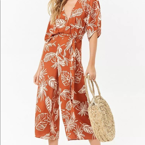 Leaf Print Culotte Jumpsuit - Picture 1 of 7